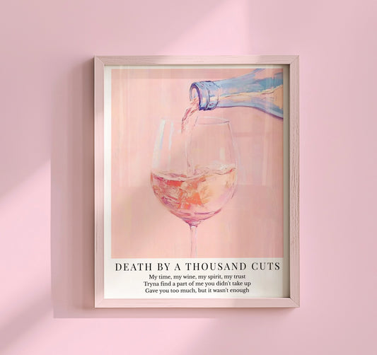 Taylor Swift Death By A Thousand Cuts inspired art print featuring rosé wine being poured into a glass with a soft pink aesthetic