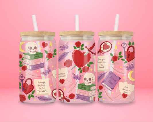 glass tumbler with a skull, roses, stacked books labeled “Dark, Twisted, Beautiful,” and text “Always Falling for the Villain.”
