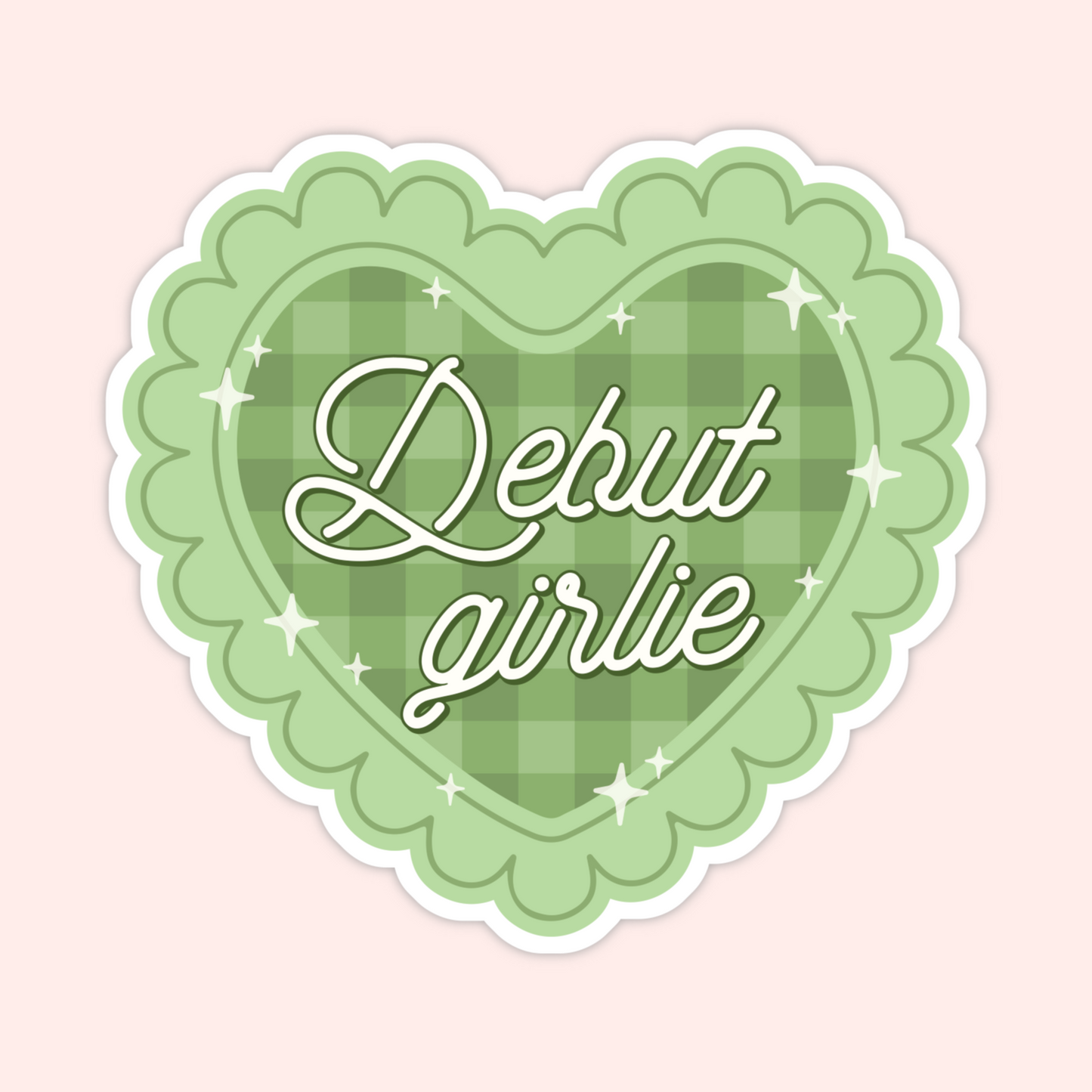 Green gingham heart sticker with sparkles and text that says Debut Girlie.