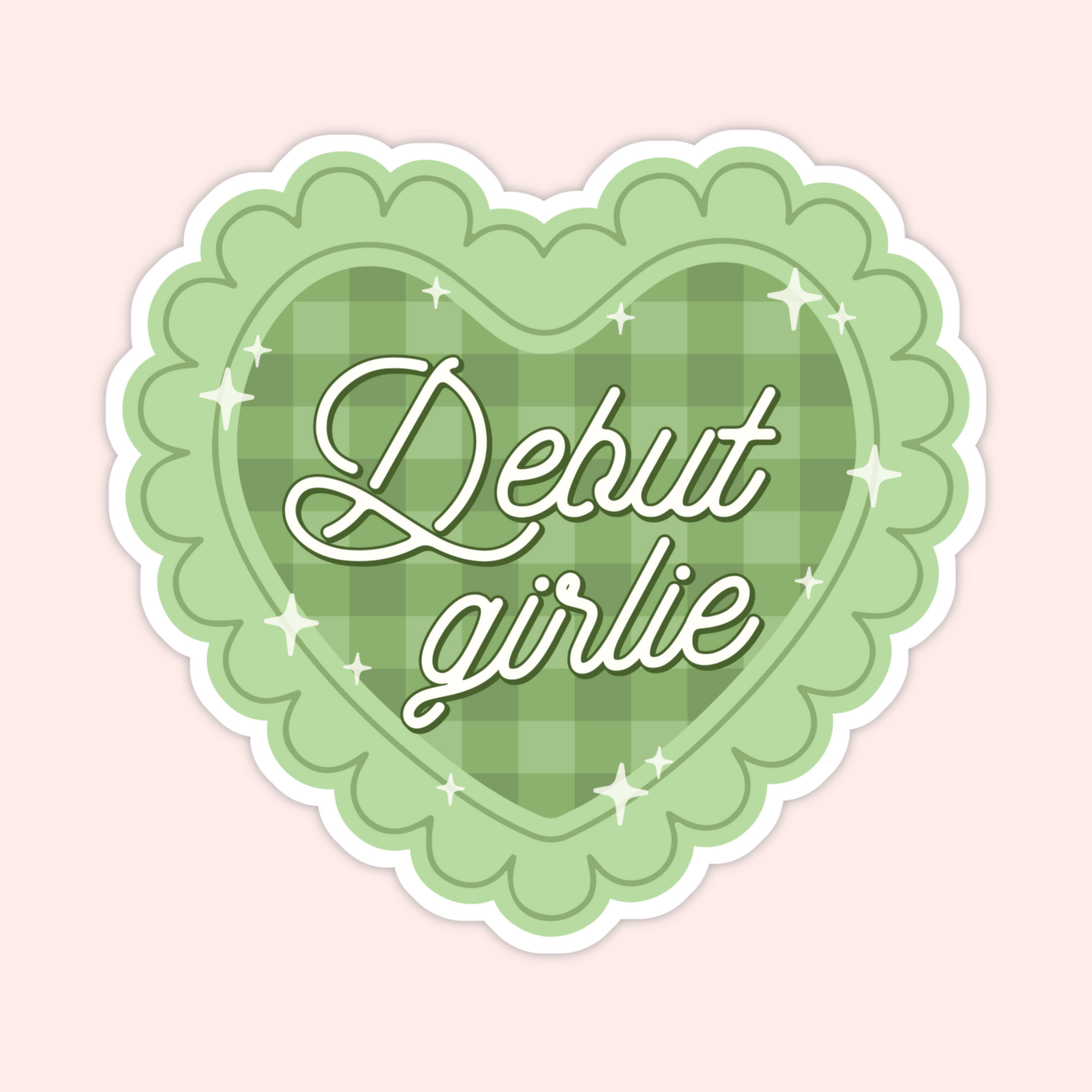 Green gingham heart sticker with sparkles and text that says Debut Girlie.