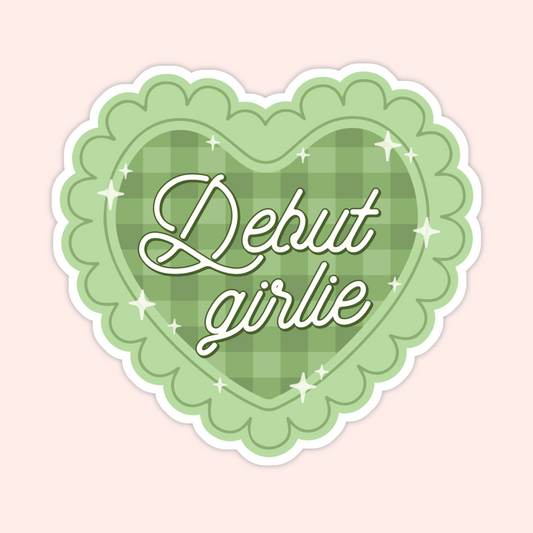 Green gingham heart sticker with sparkles and text that says Debut Girlie.