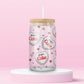 glass tumbler with bamboo lid and straw featuring heart-shaped “Diet Coke” logos surrounded by stars and hearts.