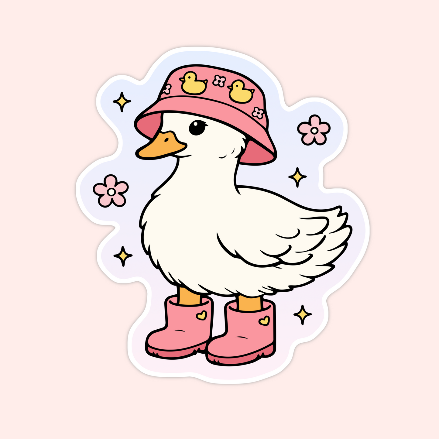 A cute duck sticker featuring a white duck in a pink bucket hat and rain boots with sweet floral and sparkle details.