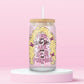 16oz glass tumbler with blonde hair, pink butterflies and Find Out Who You Are and Do It on Purpose quote