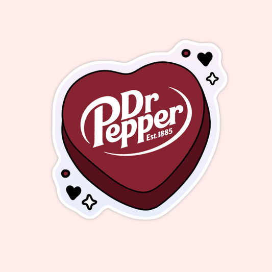 Sticker shaped like a burgundy candy heart with the Dr Pepper logo in white.