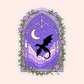 Purple fantasy window sticker with a black dragon silhouette, moon, stars, clouds, and floral vine details.