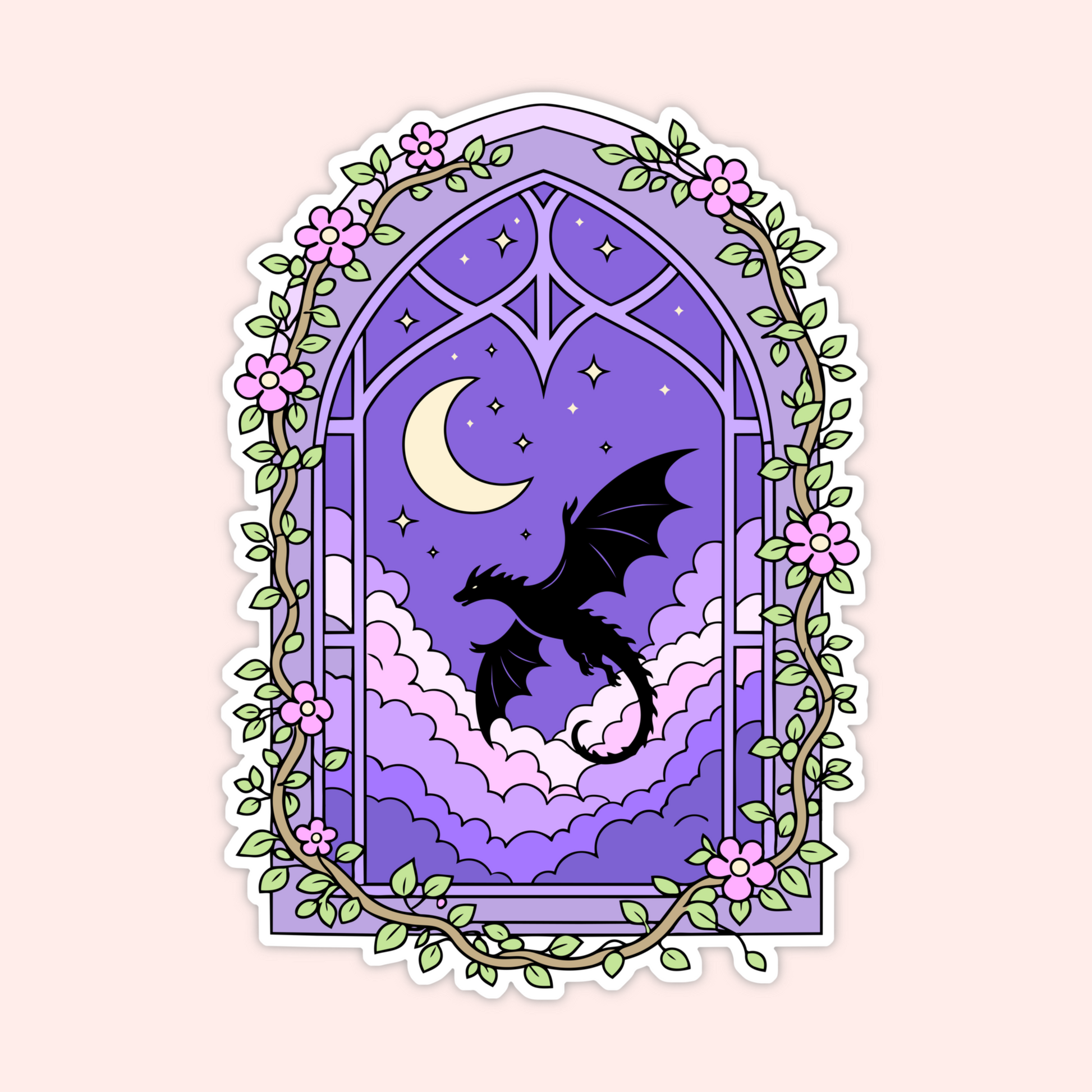 Purple fantasy window sticker with a black dragon silhouette, moon, stars, clouds, and floral vine details.