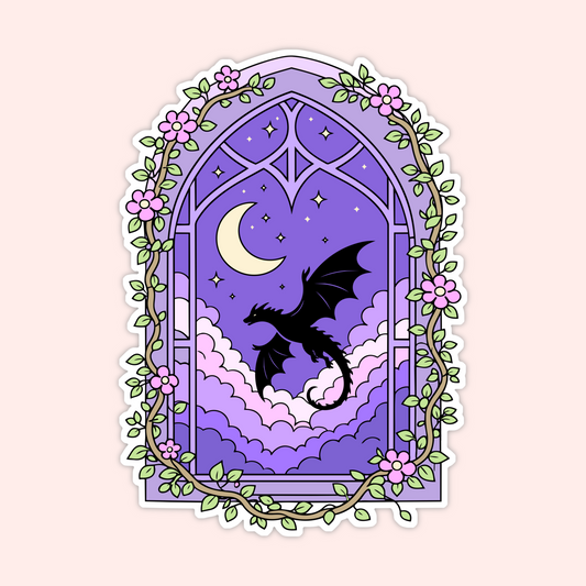 Purple fantasy window sticker with a black dragon silhouette, moon, stars, clouds, and floral vine details.