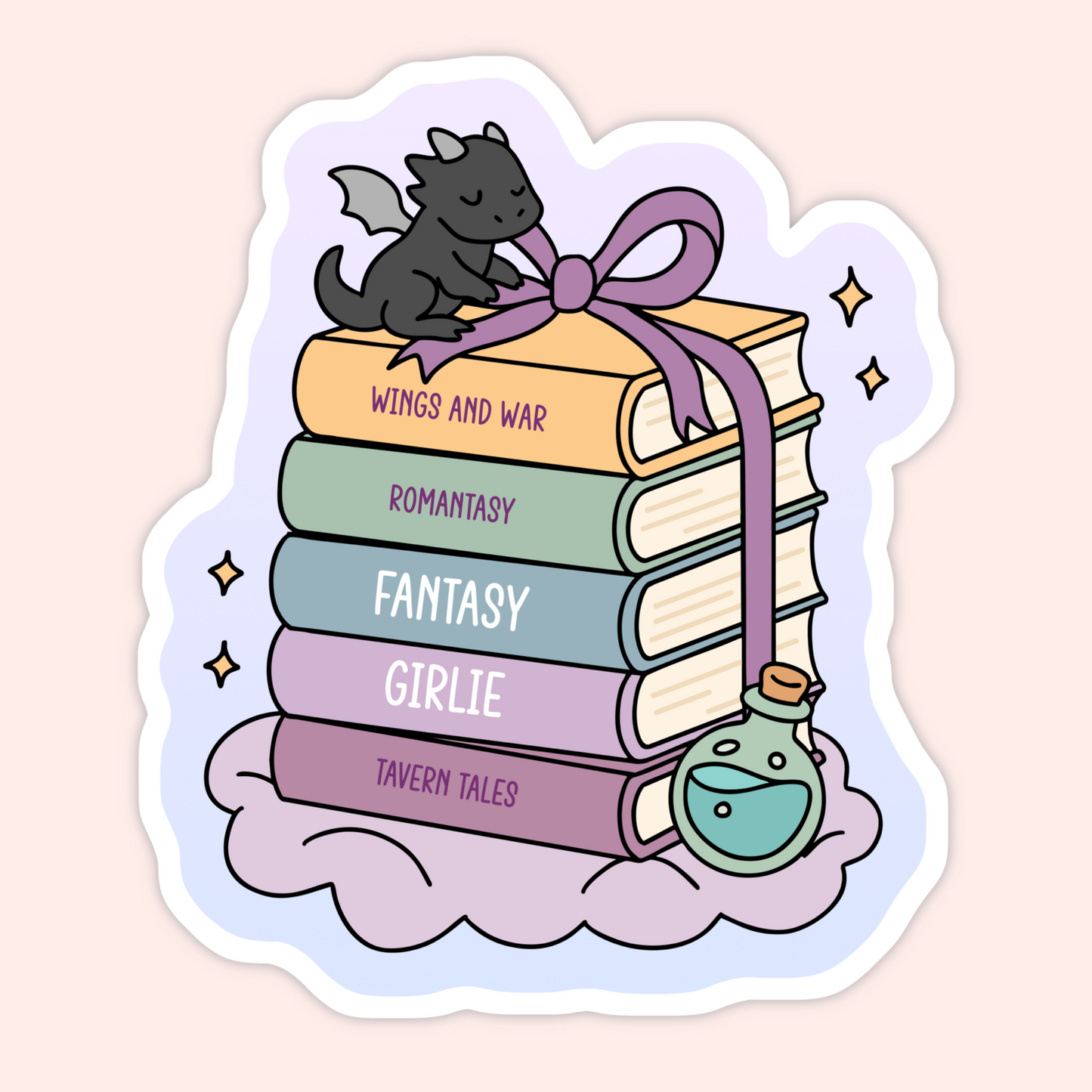 Fantasy Girlie Dragon Book Stack Sticker
