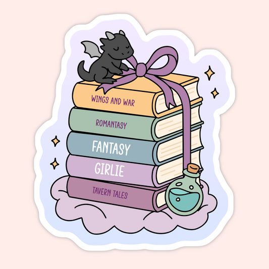 Fantasy Girlie Dragon Book Stack Sticker