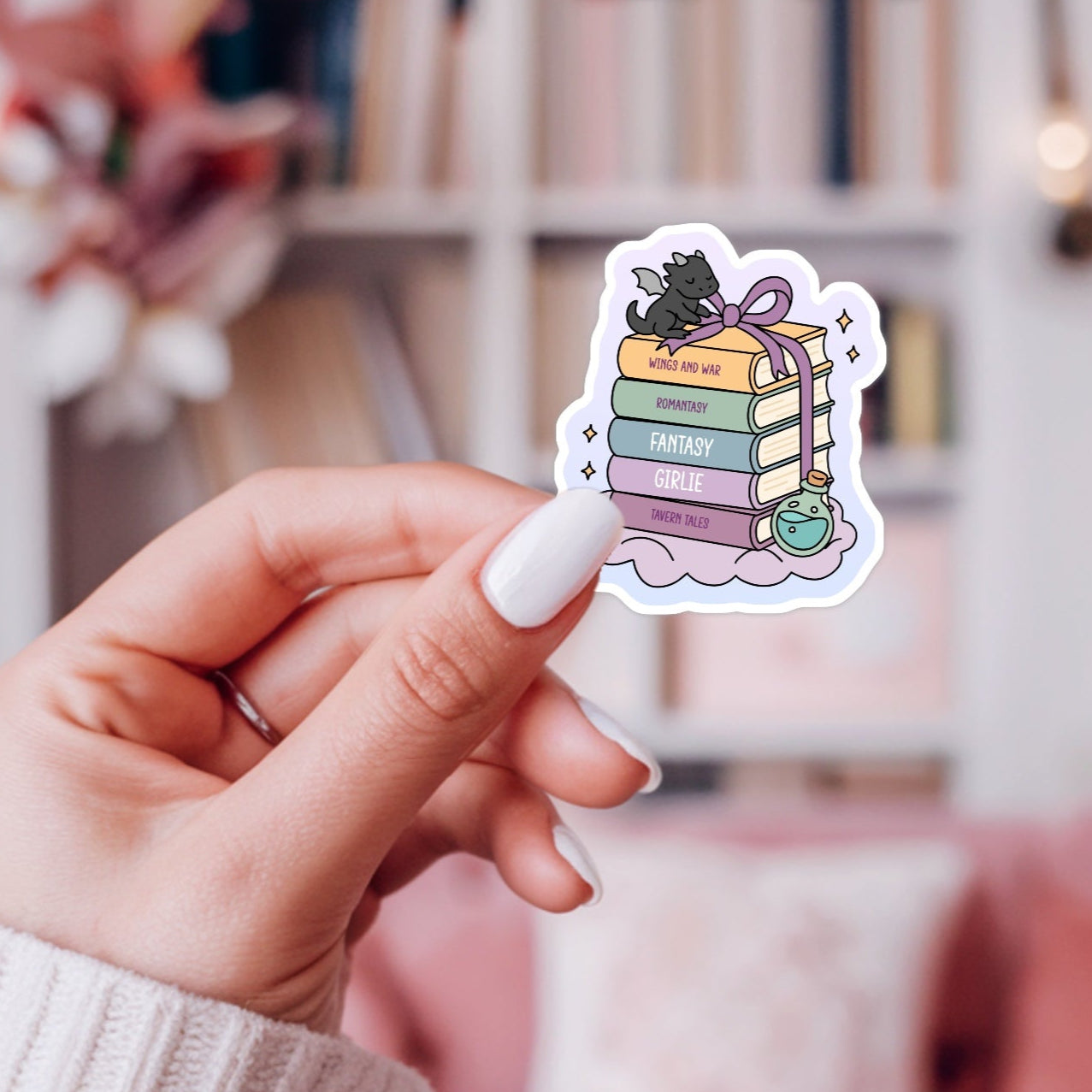 Fantasy Girlie Dragon Book Stack Sticker