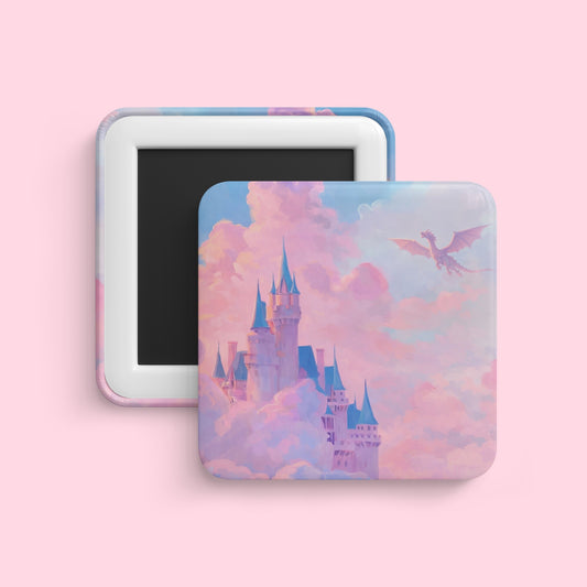 Pastel castle magnet with clouds and dragon illustration