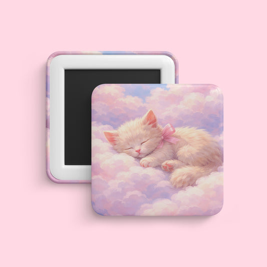 Sleeping kitten magnet on pastel clouds with dreamy soft aesthetic