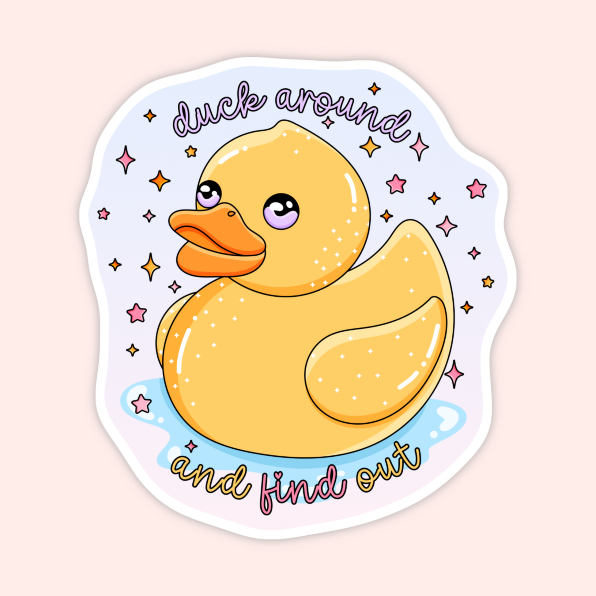 Funny rubber duck sticker with sparkles and text that says Duck Around And Find Out.