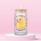 16oz glass tumbler with yellow duck, colourful sparkles and Duck Around and Find Out quote