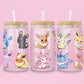 glass tumbler featuring Eevee and all evolutions (Umbreon, Vaporeon, Sylveon, Espeon, Flareon, Glaceon, Jolteon, Leafeon) in pastel style.