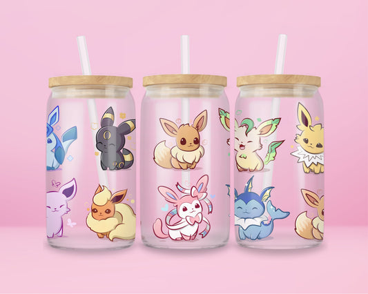 glass tumbler featuring Eevee and all evolutions (Umbreon, Vaporeon, Sylveon, Espeon, Flareon, Glaceon, Jolteon, Leafeon) in pastel style.