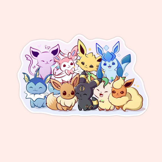 Cute illustration of all the Eevee Pokémon evolutions together, including Vaporeon, Jolteon, Umbreon, Sylveon, and more in pastel colors.