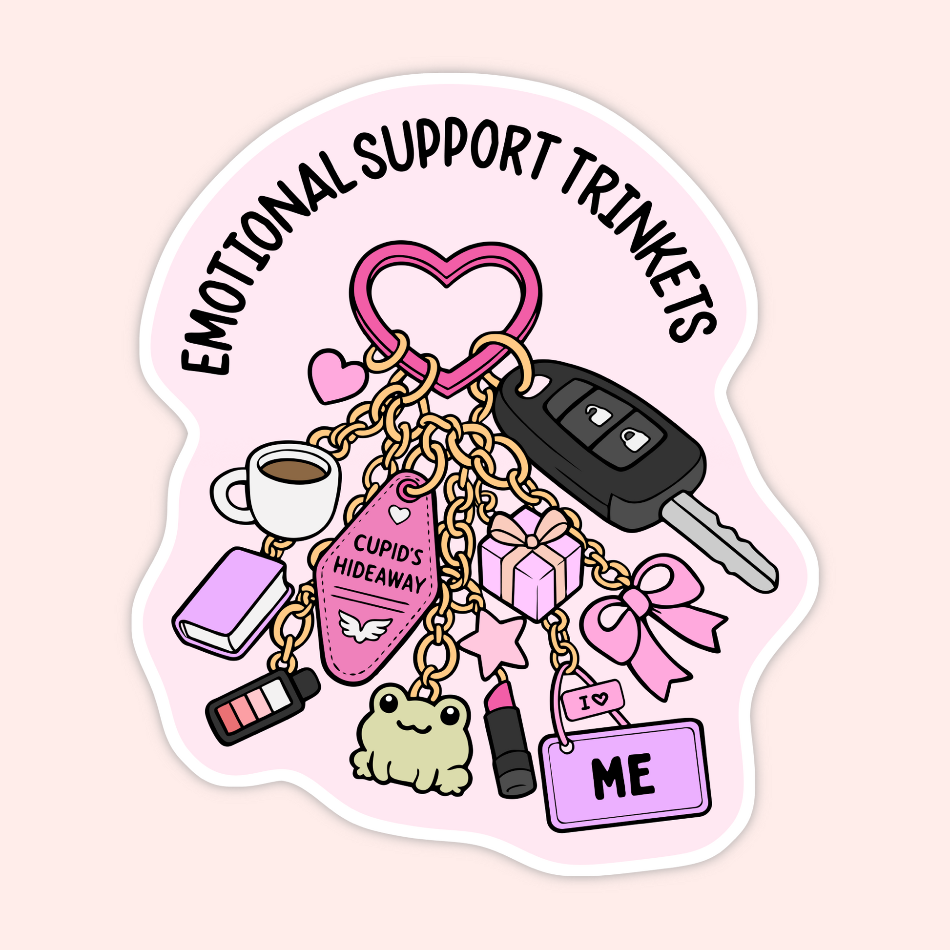 Cute sticker that says “emotional support trinkets” with a keychain full of charms including a frog, bow, book, coffee cup, lipstick, gift, and keys.