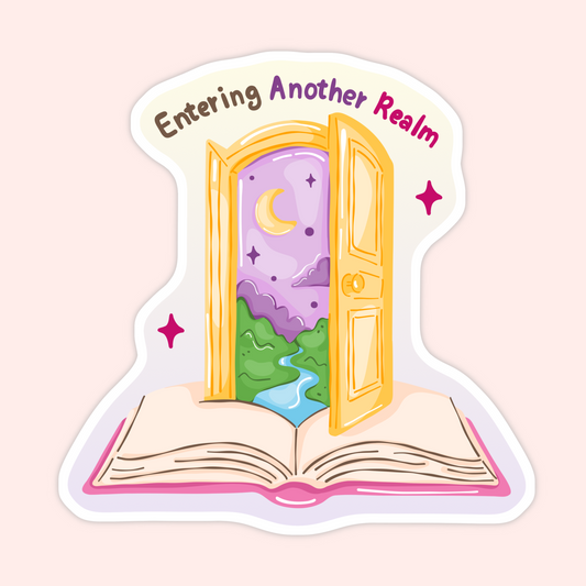 Cute bookish sticker with an open book, magical doorway, moon, stars, mountains, and text that says Entering Another Realm.
