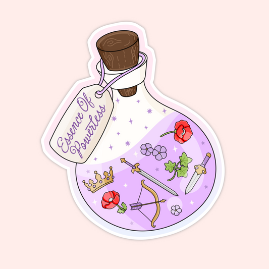 Lavender fantasy potion bottle filled with magical icons like crowns, swords, flowers, and arrows, labeled “Essence of Powerless.”