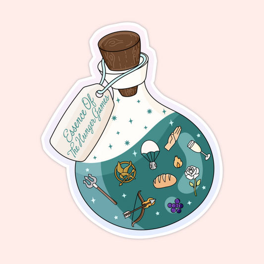 Illustrated potion bottle filled with teal liquid and fantasy icons inspired by survival, rebellion, and dystopian themes, labeled “Essence of The Hunger Games.”
