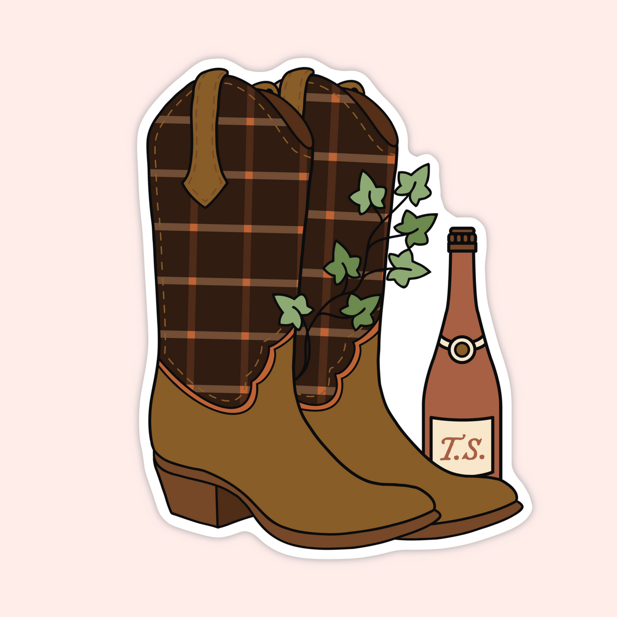 A die-cut sticker featuring an illustration of brown cowboy boots with a brown and orange plaid shaft, a brown bottle labeled T.S.