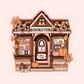 Sticker of a cozy autumn bookstore decorated with pumpkins, books, leaves, and a ghost in the window.
