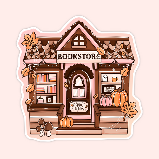 Sticker of a cozy autumn bookstore decorated with pumpkins, books, leaves, and a ghost in the window.