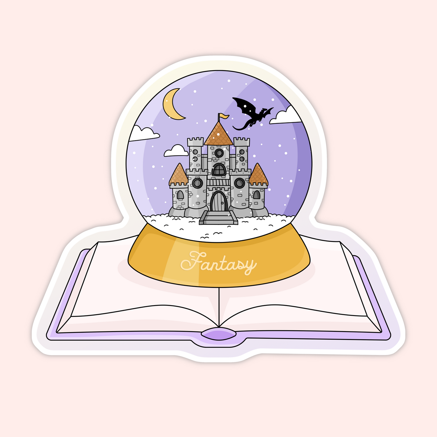 A magical vinyl sticker featuring a fantasy castle snow globe sitting on an open book. Perfect for fantasy readers and whimsical bookish vibes.
