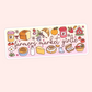 Cute farmers market girlie sticker with bread, jam, flowers, tomatoes, eggs, basket, milk, pie, cheese, honey, boots, and market-inspired details.