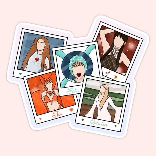Illustrated vinyl sticker featuring a collage of polaroid-style portraits of faceless feminine figures, inspired by poetic storytelling, mythology, and the visual themes of the song “The Fate of Ophelia.”