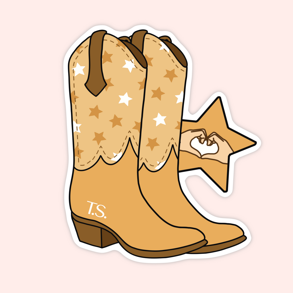 A die-cut sticker featuring a pair of tan cowboy boots with white and tan star patterns on the shafts, brown heels and trim, and a matching star motif with hands forming a heart behind them. The boots have the initials 'T.