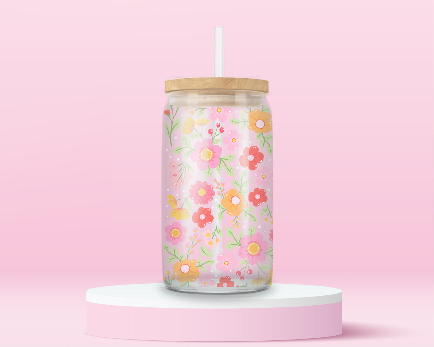 “Aesthetic iced coffee cup with pastel floral design – cute glass tumbler for spring and summer vibes.”
