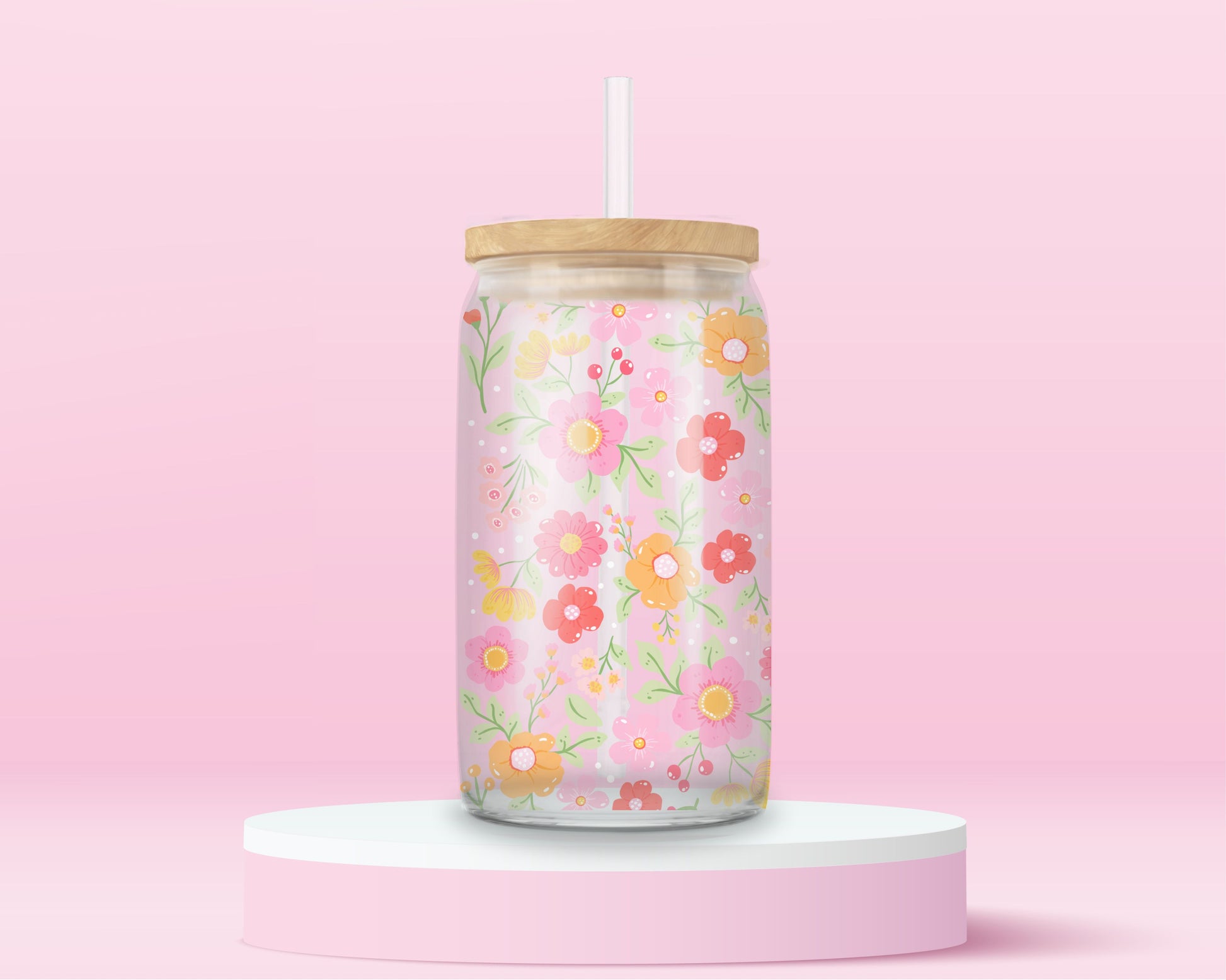 “Aesthetic iced coffee cup with pastel floral design – cute glass tumbler for spring and summer vibes.”