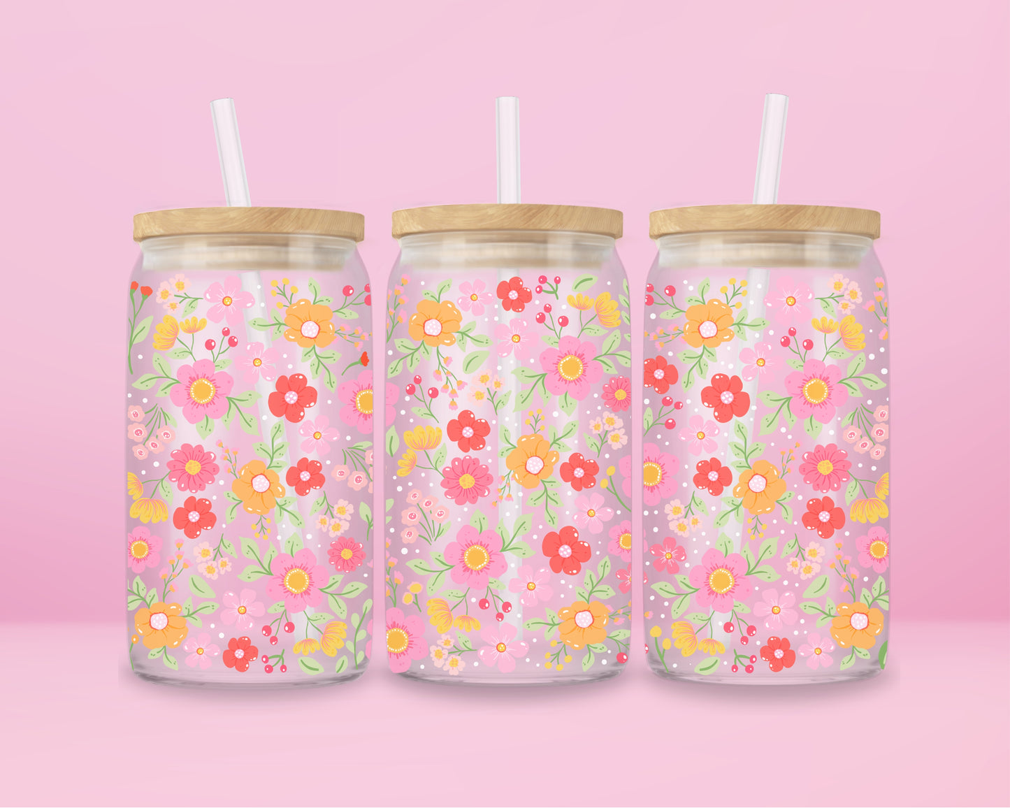 “Aesthetic iced coffee cup with pastel floral design – cute glass tumbler for spring and summer vibes.”