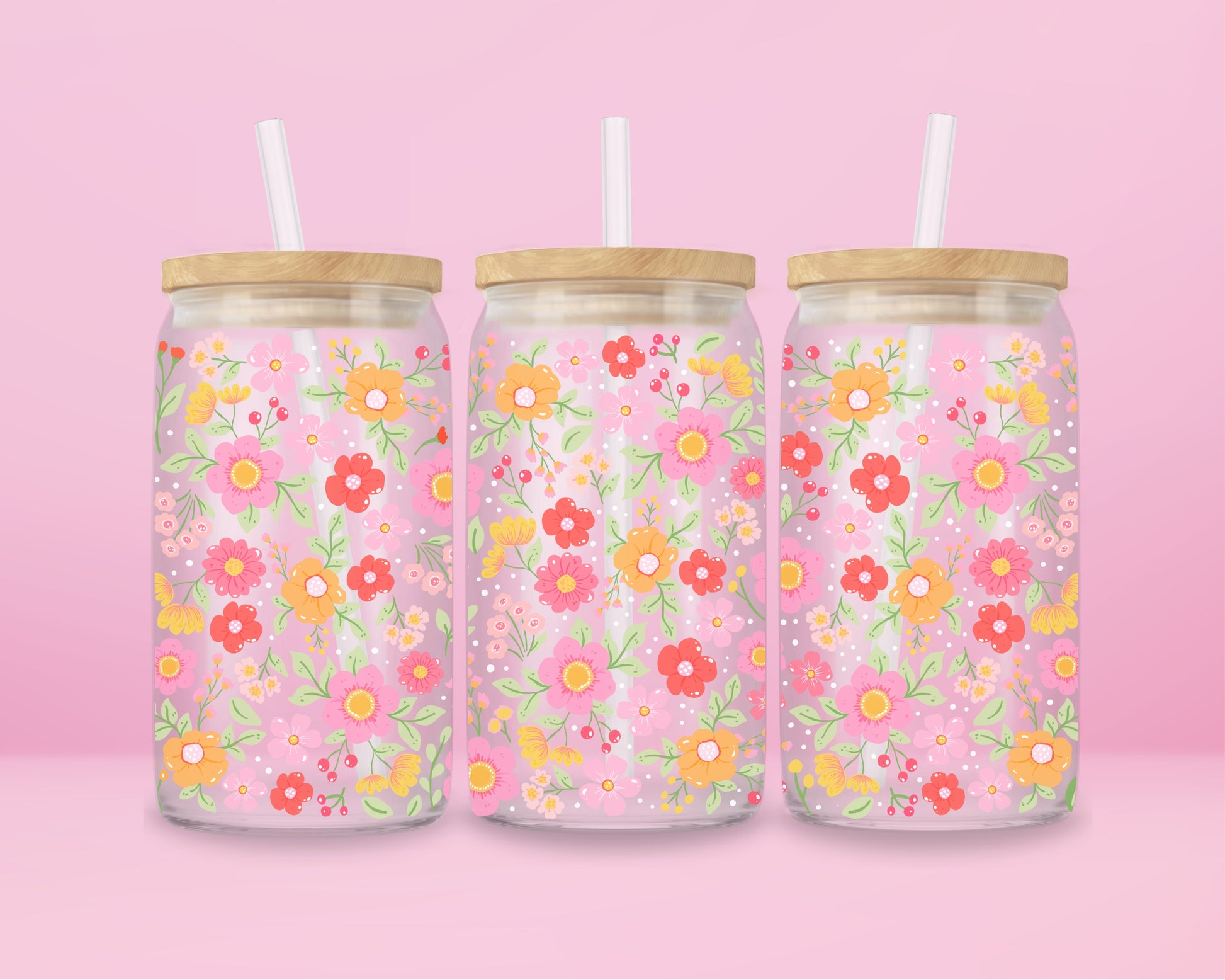 “Aesthetic iced coffee cup with pastel floral design – cute glass tumbler for spring and summer vibes.”