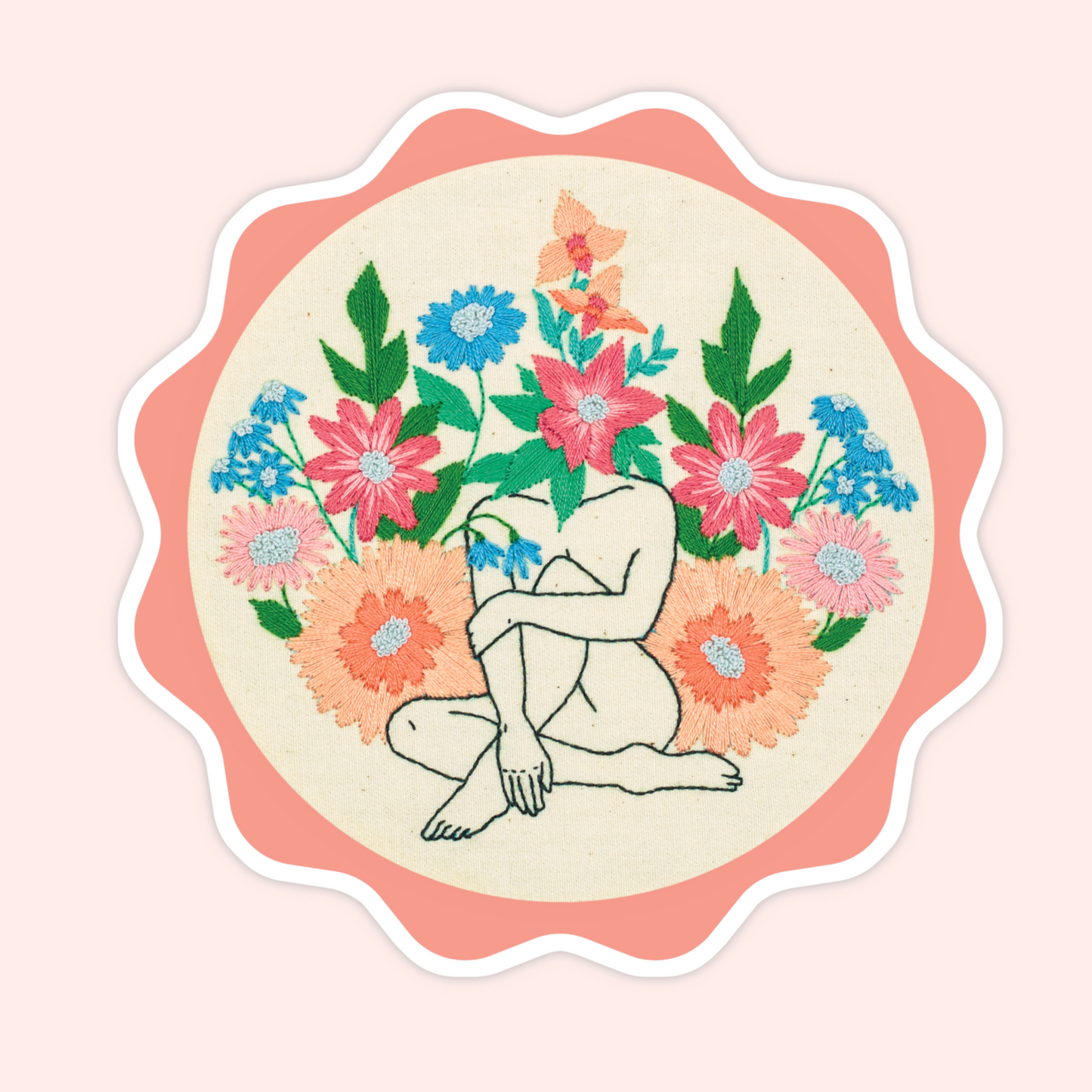 Sticker of original embroidery art featuring a seated body outline surrounded by colourful embroidered flowers.