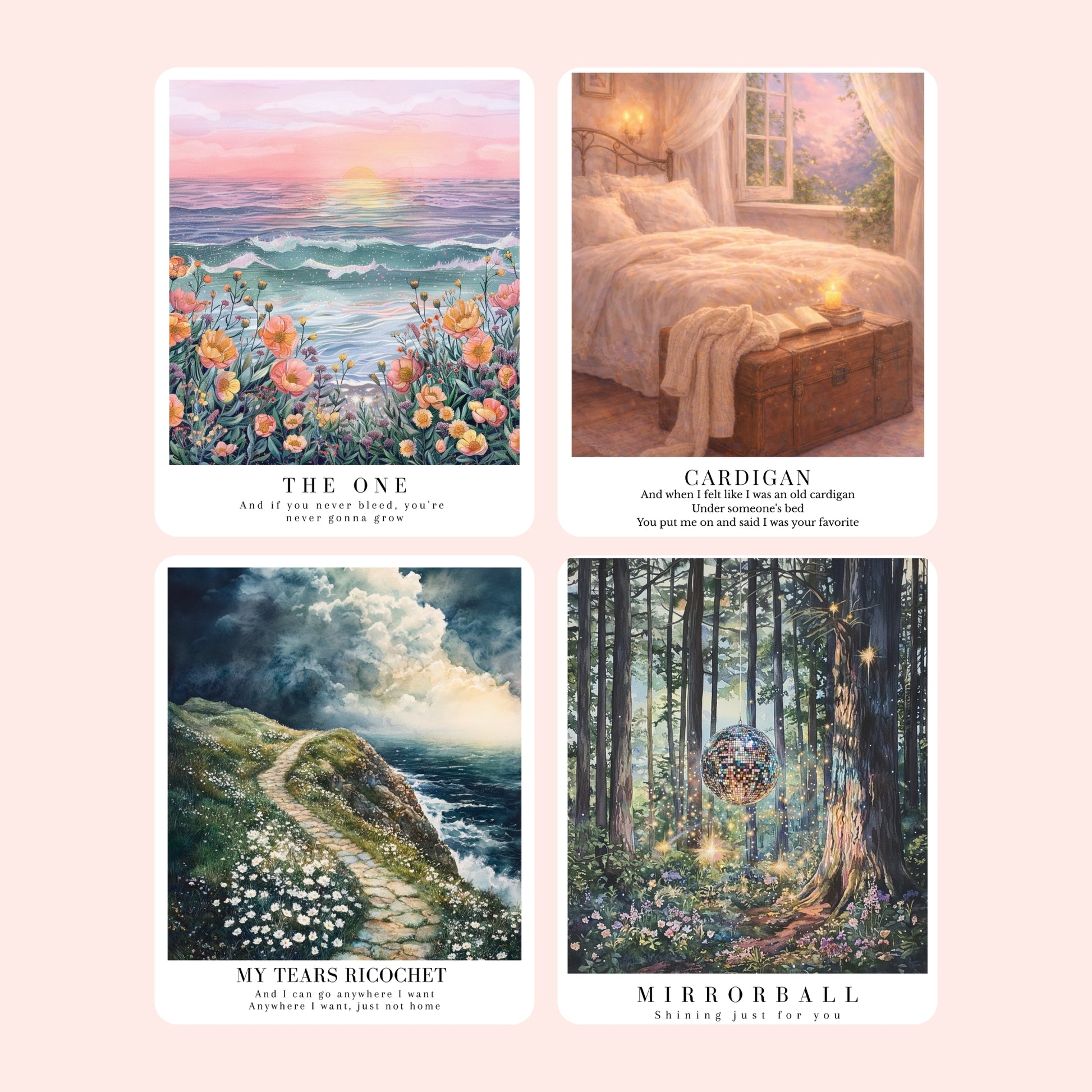 Taylor Swift-inspired Folklore and Evermore song stickers featuring dreamy illustrated designs for the 1, cardigan, my tears ricochet, mirrorball, seven, august, illicit affairs, invisible string, the lakes, willow, champagne problems, happiness, ivy, cowboy like me, long story short, evermore, and marjorie.
