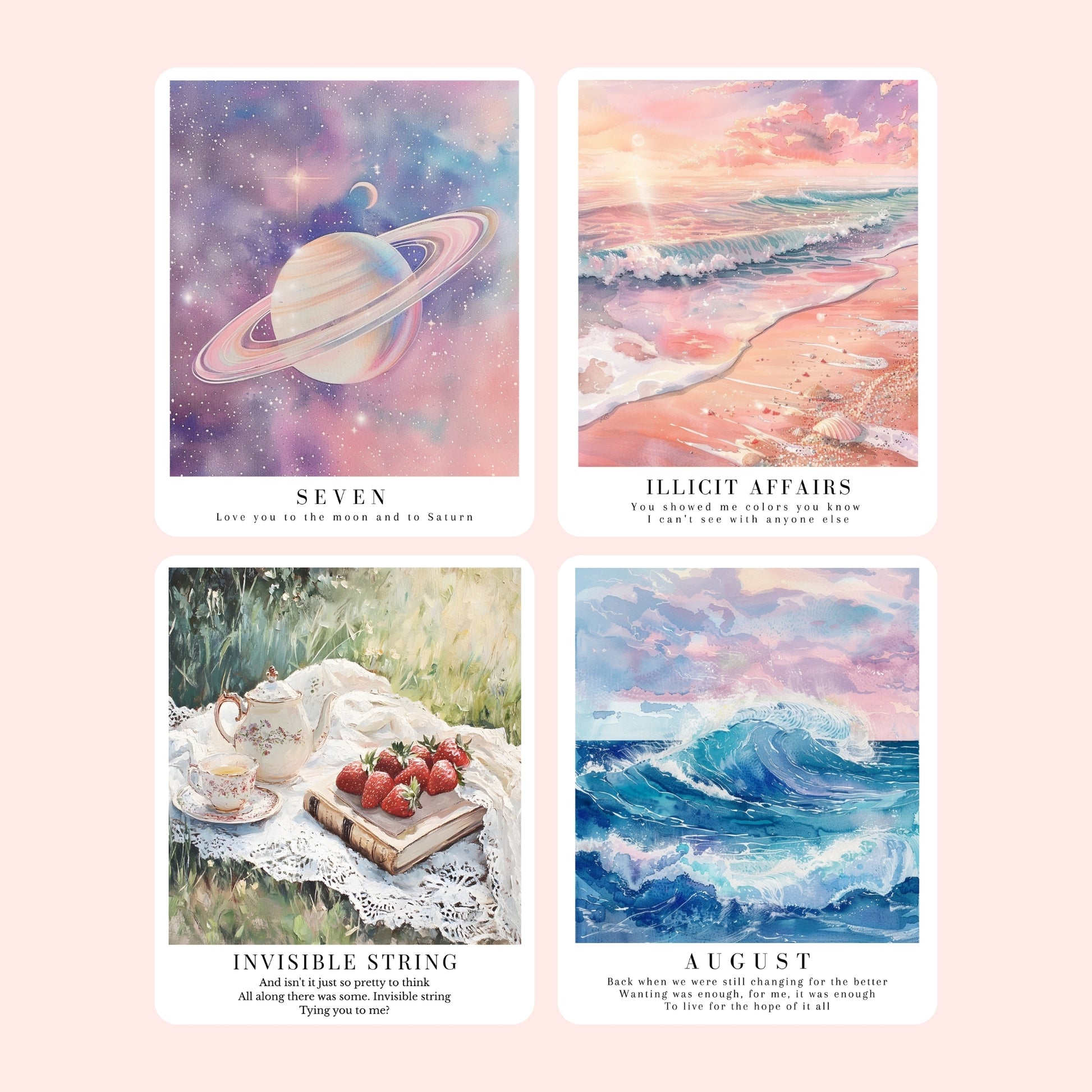 Taylor Swift-inspired Folklore and Evermore song stickers featuring dreamy illustrated designs for the 1, cardigan, my tears ricochet, mirrorball, seven, august, illicit affairs, invisible string, the lakes, willow, champagne problems, happiness, ivy, cowboy like me, long story short, evermore, and marjorie.
