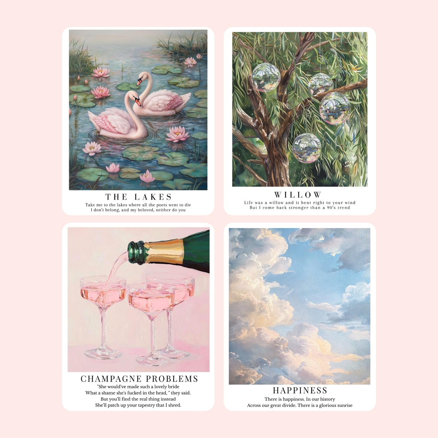 Taylor Swift-inspired Folklore and Evermore song stickers featuring dreamy illustrated designs for the 1, cardigan, my tears ricochet, mirrorball, seven, august, illicit affairs, invisible string, the lakes, willow, champagne problems, happiness, ivy, cowboy like me, long story short, evermore, and marjorie.