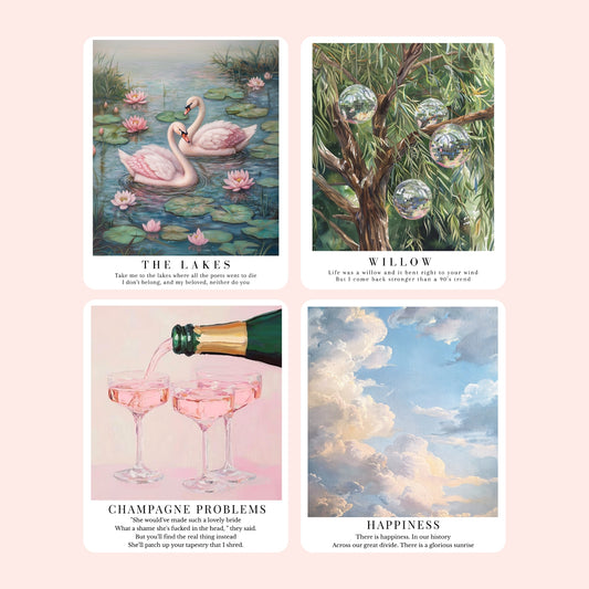 Taylor Swift-inspired Folklore and Evermore song stickers featuring dreamy illustrated designs for the 1, cardigan, my tears ricochet, mirrorball, seven, august, illicit affairs, invisible string, the lakes, willow, champagne problems, happiness, ivy, cowboy like me, long story short, evermore, and marjorie.