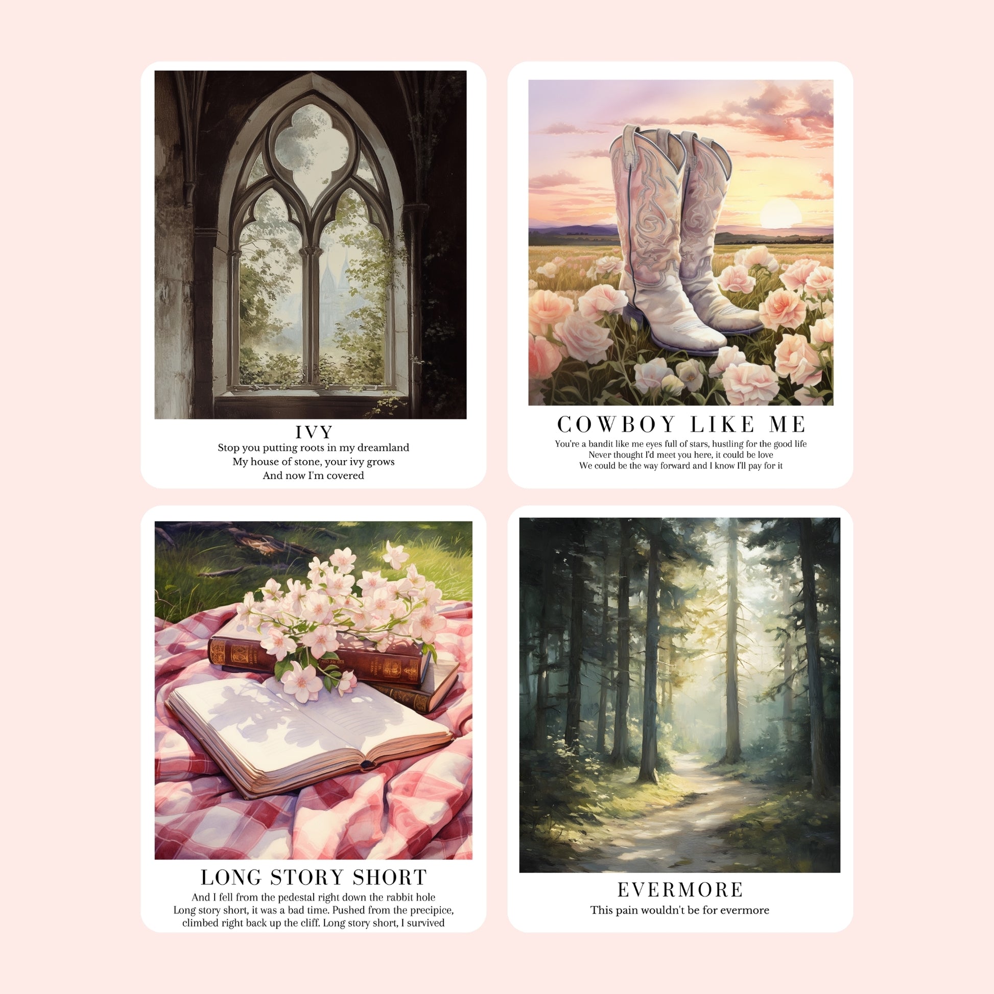 Taylor Swift-inspired Folklore and Evermore song stickers featuring dreamy illustrated designs for the 1, cardigan, my tears ricochet, mirrorball, seven, august, illicit affairs, invisible string, the lakes, willow, champagne problems, happiness, ivy, cowboy like me, long story short, evermore, and marjorie.