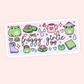 Cute froggy girlie sticker with frogs, lily pads, rain drops, watering can, rain boots, flowers, bows, hearts, and a green book.