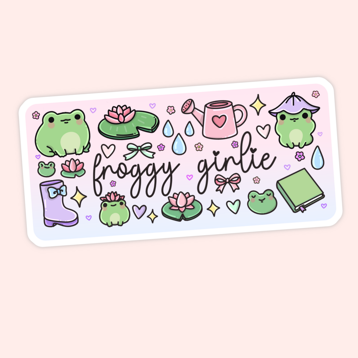 Cute froggy girlie sticker with frogs, lily pads, rain drops, watering can, rain boots, flowers, bows, hearts, and a green book.