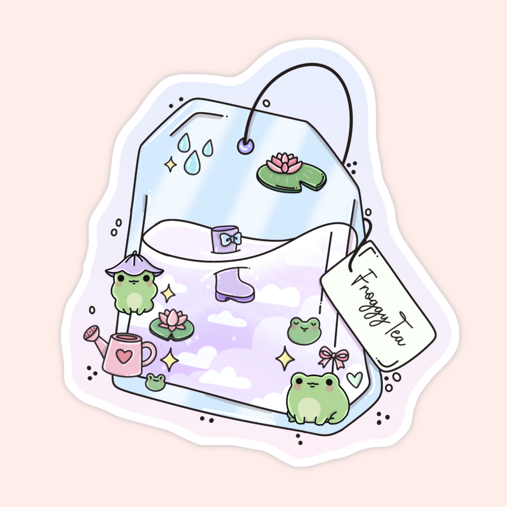Cute frog tea bag sticker with lily pads, watering can, rain drops, flowers, and soft pastel cottagecore details.