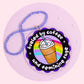 rainbow coffee cup acrylic car charm with purple scalloped border and blue beaded hanger