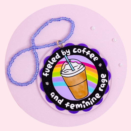 rainbow coffee cup acrylic car charm with purple scalloped border and blue beaded hanger