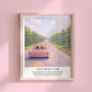 Taylor Swift Getaway Car inspired art print featuring a pink convertible driving down a road with a dreamy sky aesthetic