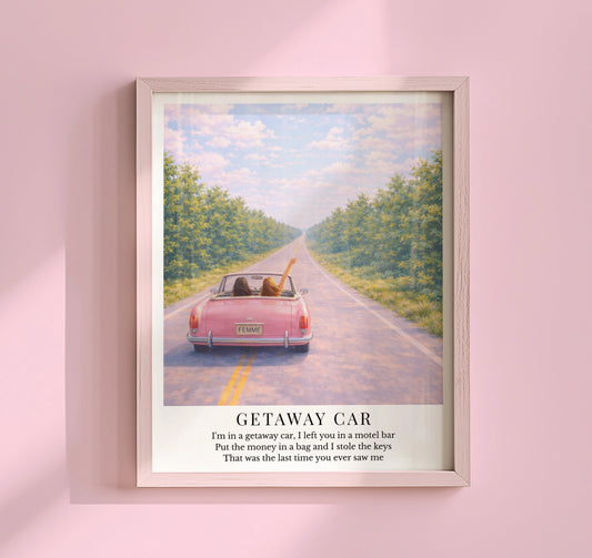 Taylor Swift Getaway Car inspired art print featuring a pink convertible driving down a road with a dreamy sky aesthetic